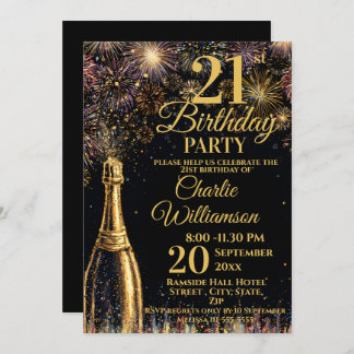 Invitación 21st Birthday Bubbly Fireworks Gold
