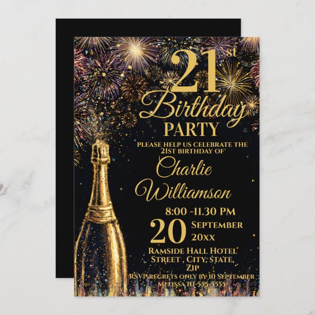 Invitación 21st Birthday Bubbly Fireworks Gold  (Anverso / Reverso)