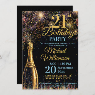 Invitación 21st Birthday Bubbly Fireworks Gold Blue
