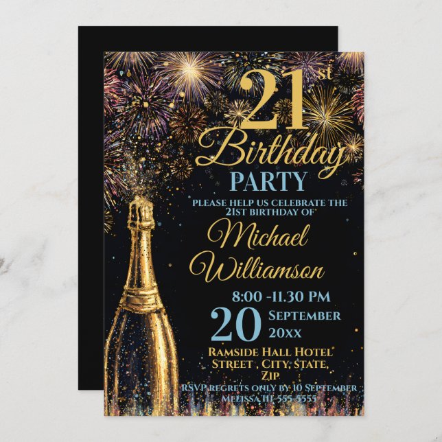 Invitación 21st Birthday Bubbly Fireworks Gold Blue (Anverso / Reverso)