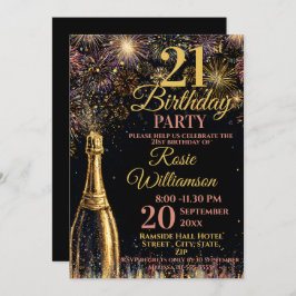 Invitación 21st Birthday Bubbly Fireworks Gold Pink