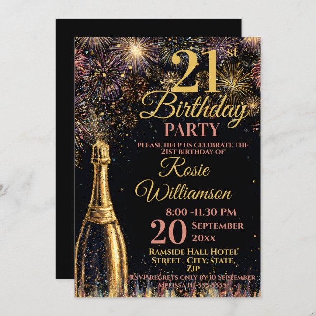 Invitación 21st Birthday Bubbly Fireworks Gold Pink (Anverso / Reverso)