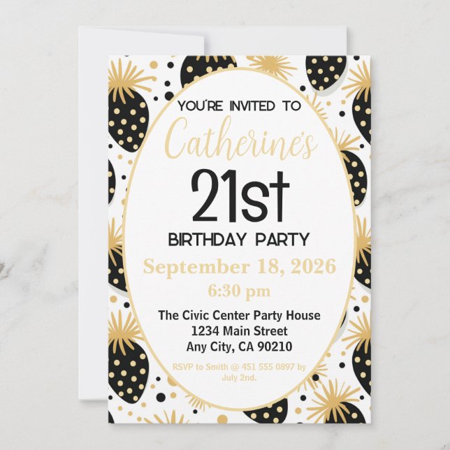 Invitación 21st Birthday Invitation, Gold & Black Strawberry (Anverso)