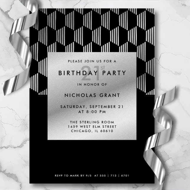 Invitación 21st Birthday Modern Black Faux Silver Foil (Gender-neutral design for him or her.)