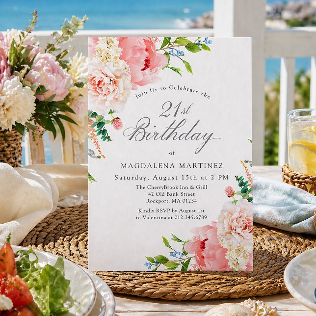 Invitación 21st Birthday Party Feminine Pink Roses Floral (Subido por el creador)