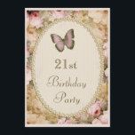 Invitación 21st Birthday Vintage Rosas Butterfly, Music Notes<br><div class="desc">Invitaciones a la celebración de fiestas personalizados 21 años personalizadas de mujeres. Las bellas, románticas, vintage y chic rosas rosas rosas, lindas mariposas y notas musicales invitan a fiestas de doble cara. Decorada con elegantes y glamorosas imágenes impresas de encaje antiguo e imágenes de alfombras de perlas para los detalles...</div>