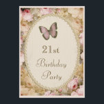 Invitación 21st Birthday Vintage Rosas Butterfly, Music Notes<br><div class="desc">Invitaciones a la celebración de fiestas personalizados 21 años personalizadas de mujeres. Las bellas, románticas, vintage y chic rosas rosas rosas, lindas mariposas y notas musicales invitan a fiestas de doble cara. Decorada con elegantes y glamorosas imágenes impresas de encaje antiguo e imágenes de alfombras de perlas para los detalles...</div>