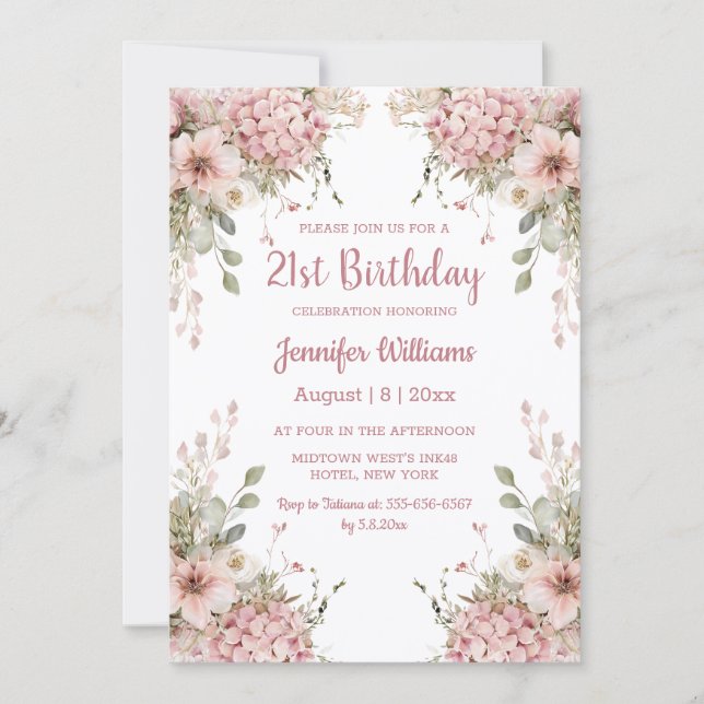 Invitación  21st birthday watercolor pink floral garden  (Anverso)