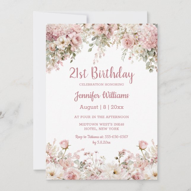 Invitación  21st birthday watercolor pink floral garden chic (Anverso)
