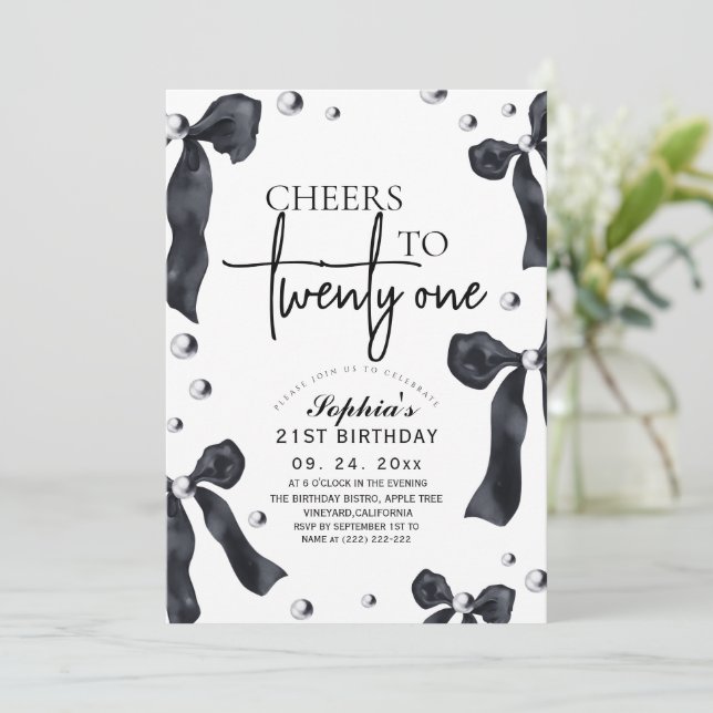 Invitación 21st Elegant Bow Birthday Party (Anverso de pie)