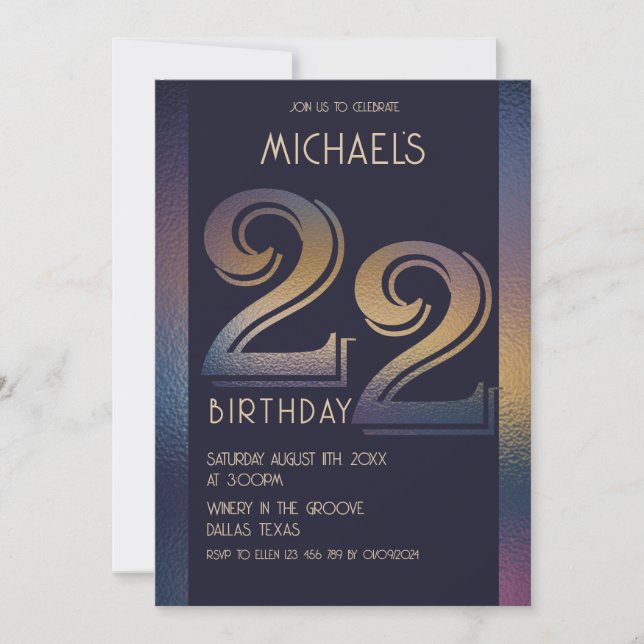 Invitación 22.ª morada oscura moderna y cumpleaños dorado (Anverso)