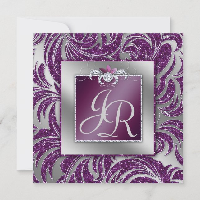 Invitación 232 Hoja de boda elegante Floral Morado Brillo (Anverso)