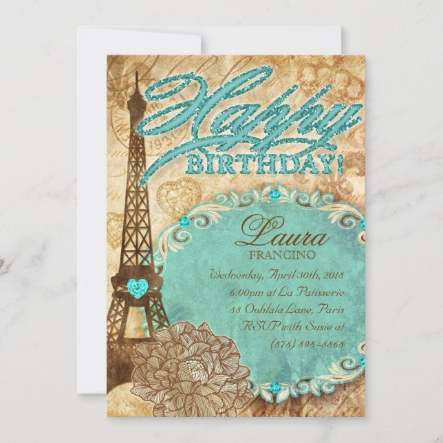 Invitación 232 Sweet 16 Paris Torre Eiffel Flor de época Blu (Anverso)