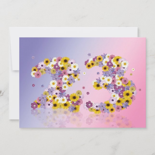 Invitación 23.ª fiesta de cumpleaños, con letras con flores (Anverso)