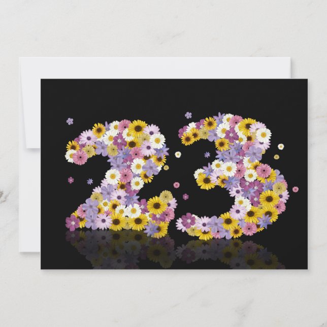 Invitación 23.ª fiesta de cumpleaños, con letras con flores (Anverso)