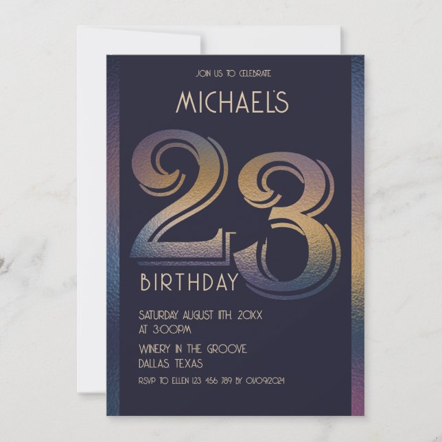 Invitación 23.º púrpura oscuro moderno y cumpleaños dorado (Anverso)