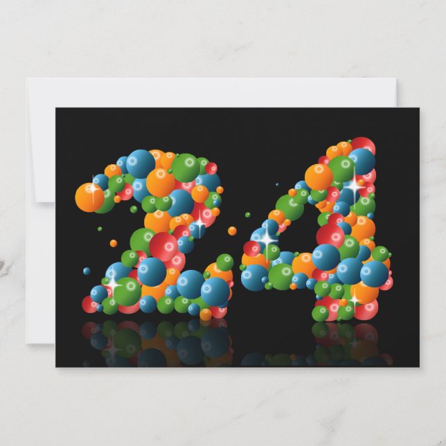 Invitación 24.ª fiesta de cumpleaños, con burbujas y bolas (Anverso)