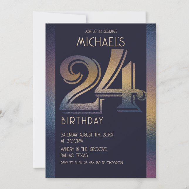 Invitación 24.º púrpura oscuro moderno y cumpleaños dorado (Anverso)