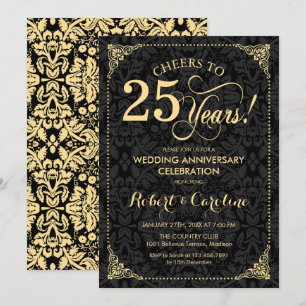 Invitación 25º Aniversario de Boda - Damasco Negro Oro