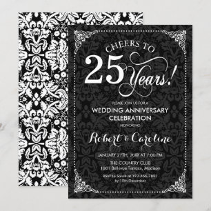 Invitación 25º Aniversario de Boda - Damask Blanco Negro