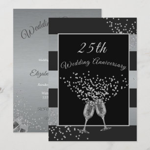 Invitación 25º Aniversario de Boda Negro Plateado Chic Elegan