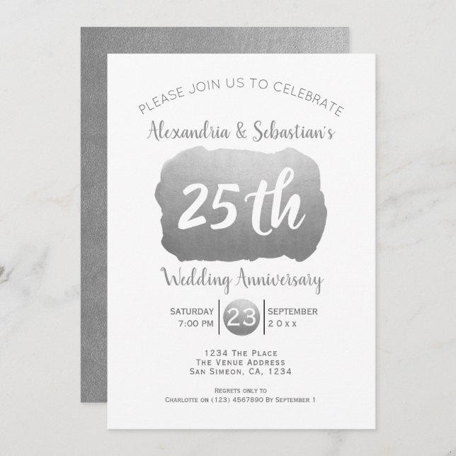 Invitación 25º Aniversario de Boda Personalizado Falso Plata (Anverso / Reverso)