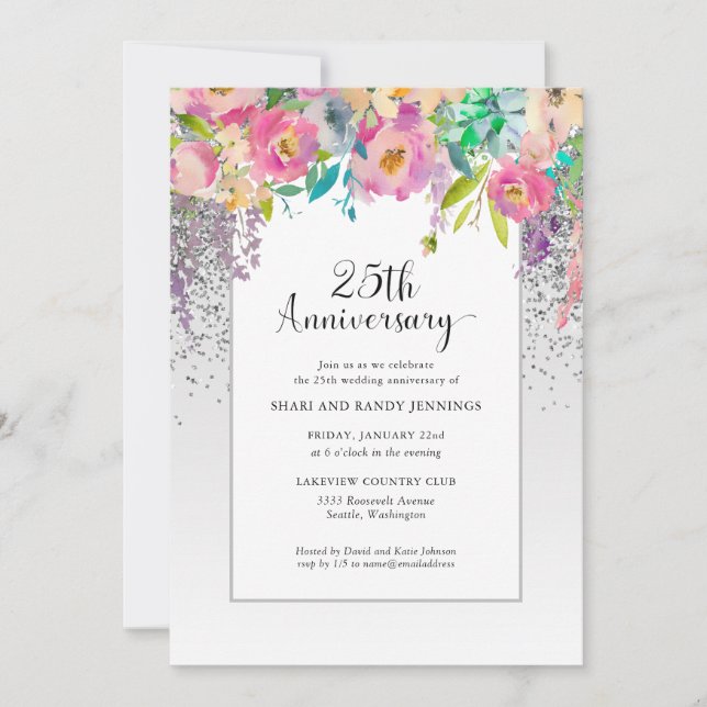 Invitación 25º Aniversario de Bodas de Flor de Rosa Plateada (Anverso)