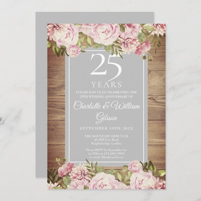 Invitación 25º Aniversario de Bodas de Plata Boho Rosas Rústi (Anverso / Reverso)