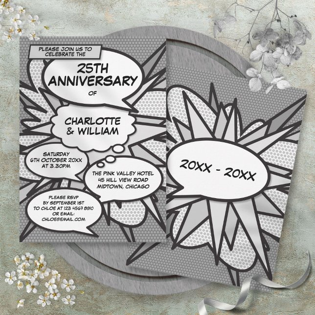 Invitación 25º Aniversario de Bodas de Plata Comic Book Pop A (25th Silver Wedding Anniversary Comic Book Pop Art Invitation)