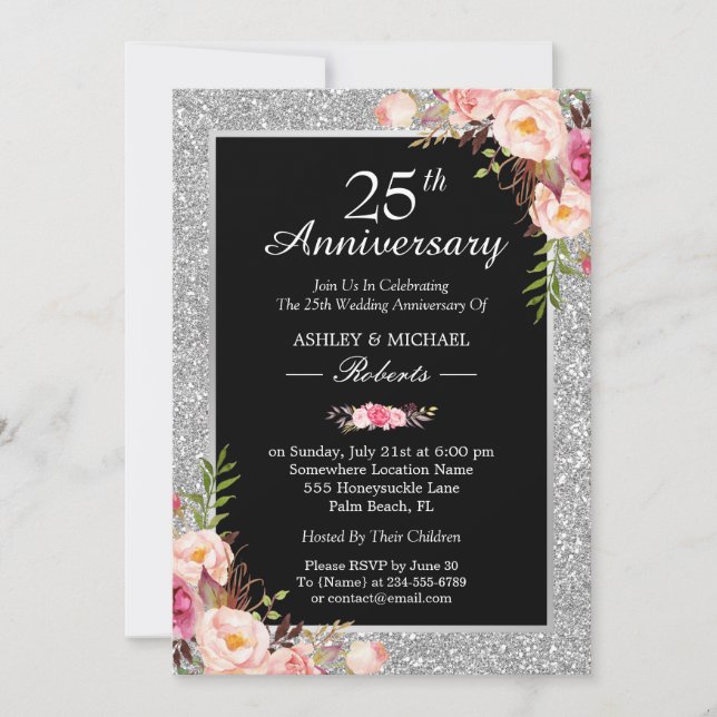 Invitación 25º Aniversario de Bodas de Plata Floral Elegante (Anverso)