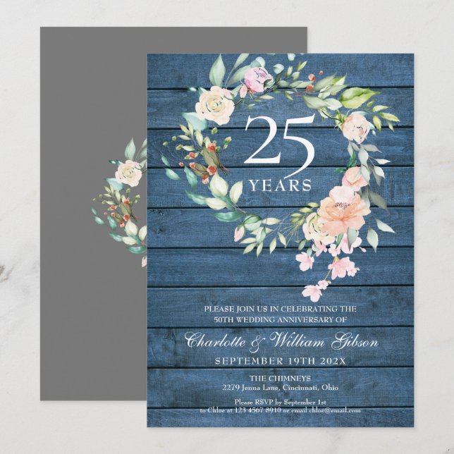 Invitación 25º Aniversario de Bodas de Plata Rústico Madera F (Anverso / Reverso)