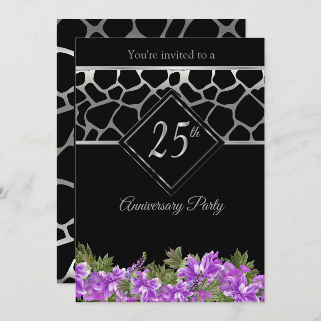 Invitación 25º Aniversario de plata con floral de lavanda (Anverso / Reverso)