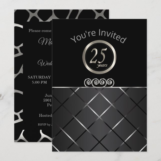 Invitación 25º Aniversario de Plata sobre Negro (Anverso / Reverso)