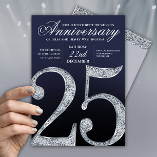 Invitación 25º Aniversario Diamante Plateado Años Azul Oscuro