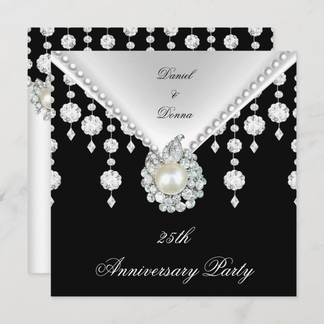 Invitación 25º Aniversario Perla Blanca Negra Plateada 2 (Anverso / Reverso)