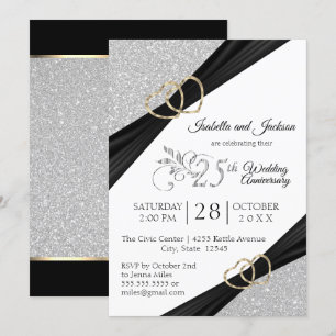 Invitación 25º Aniversario Plata Brillante y Corazón de Oro