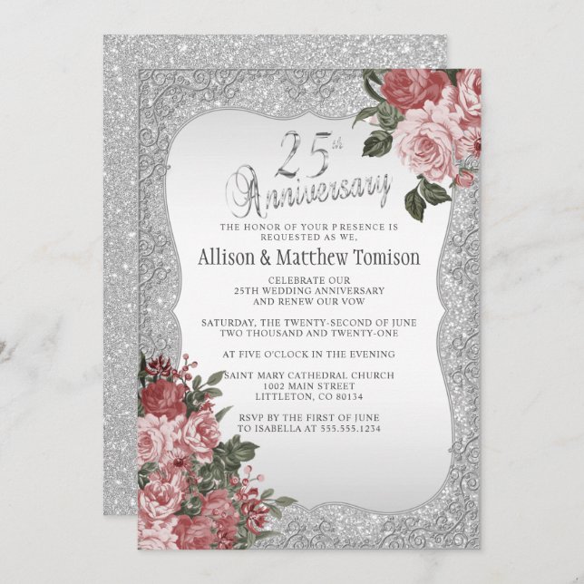 Invitación 25º Aniversario Silver Glitter | Floral Rosado (Anverso / Reverso)
