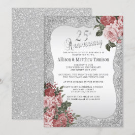 Invitación 25º Aniversario Silver Glitter | Floral Rosado