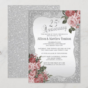 Invitación 25º Aniversario Silver Glitter Floral Rosado
