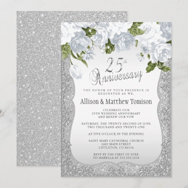 Invitación 25º Aniversario Silver Glitter | Texto DIY (Anverso / Reverso)