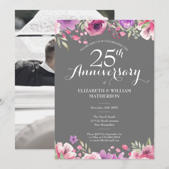 Invitación 25º Foto de Bodas de Plata Aniversario Flores Rosa (Anverso / Reverso)