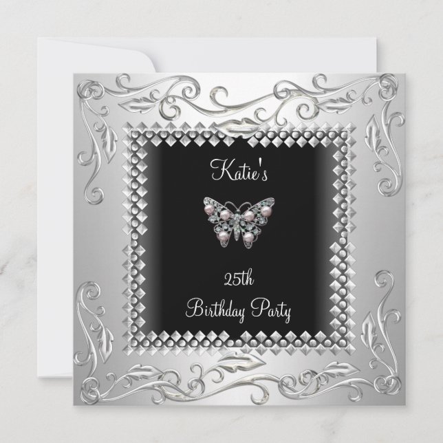 Invitación 25.ª fiesta de cumpleaños Black Butterfly Plata Ne (Anverso)