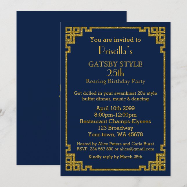 Invitación 25.ª fiesta de cumpleaños, estilo Gatsby, marina y (Anverso / Reverso)