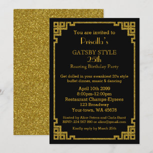 Invitación 25.ª fiesta de cumpleaños, estilo Gatsby, negro y 