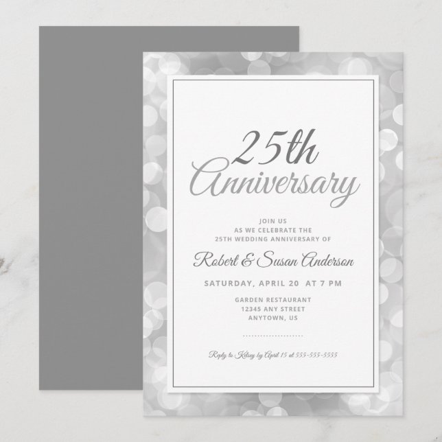 Invitación 25.º Aniversario Boda | Elegante Bokeh de Plata (Anverso / Reverso)