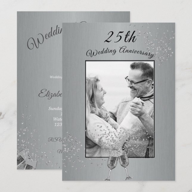 Invitación 25.º aniversario del Boda Foto Plata (Anverso / Reverso)