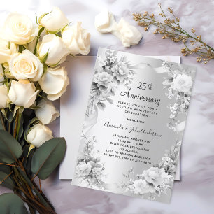 Invitación 25.º boda aniversario de florales plateados