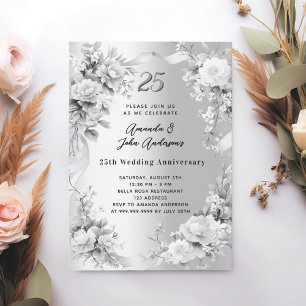 Invitación 25.º boda aniversario de florales plateados