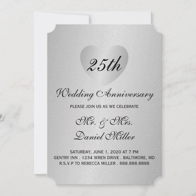 Invitación 25.º Boda Aniversario del Corazón Plateado (Anverso)