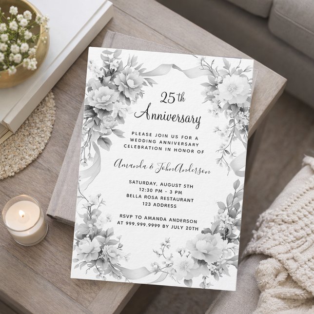 Invitación 25.º boda aniversario florals de plata de lujo (Subido por el creador)
